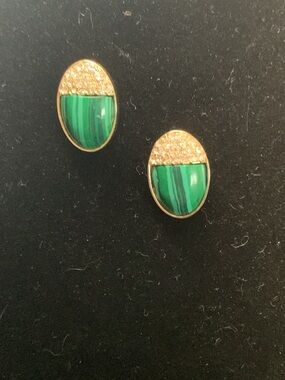 Gold & Green Oval Stone Stud Earrings - Women Jewelry
